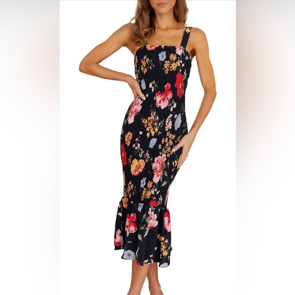 Prettygarden Floral Midi Tank Dress Strappy Ruffle Hem Smocked Bodycon Dresses